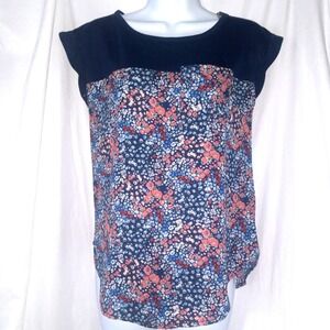 Rewind Floral‎ Print Top Pocket Casual Blouse Navy Blue Red White XS